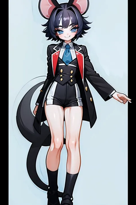 Anime character, high detail, Detailed art style, (canny smile:1.4), short curly hair, little chest, tailcoat, Short shorts, full length, the perfect body, Colors: black & Blue,  (1 boy:1.2), with ears and tail, Like a mouse, The body is like a girl's,