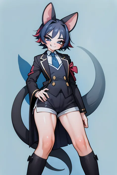 Anime character, high detail, Detailed art style, (canny smile:1.4), short curly hair, little chest, tailcoat, Short shorts, full length, the perfect body, Colors: Black & Blue,  (1 boy:1.2), with ears and tail, Like a mouse, The body is like a girl's,