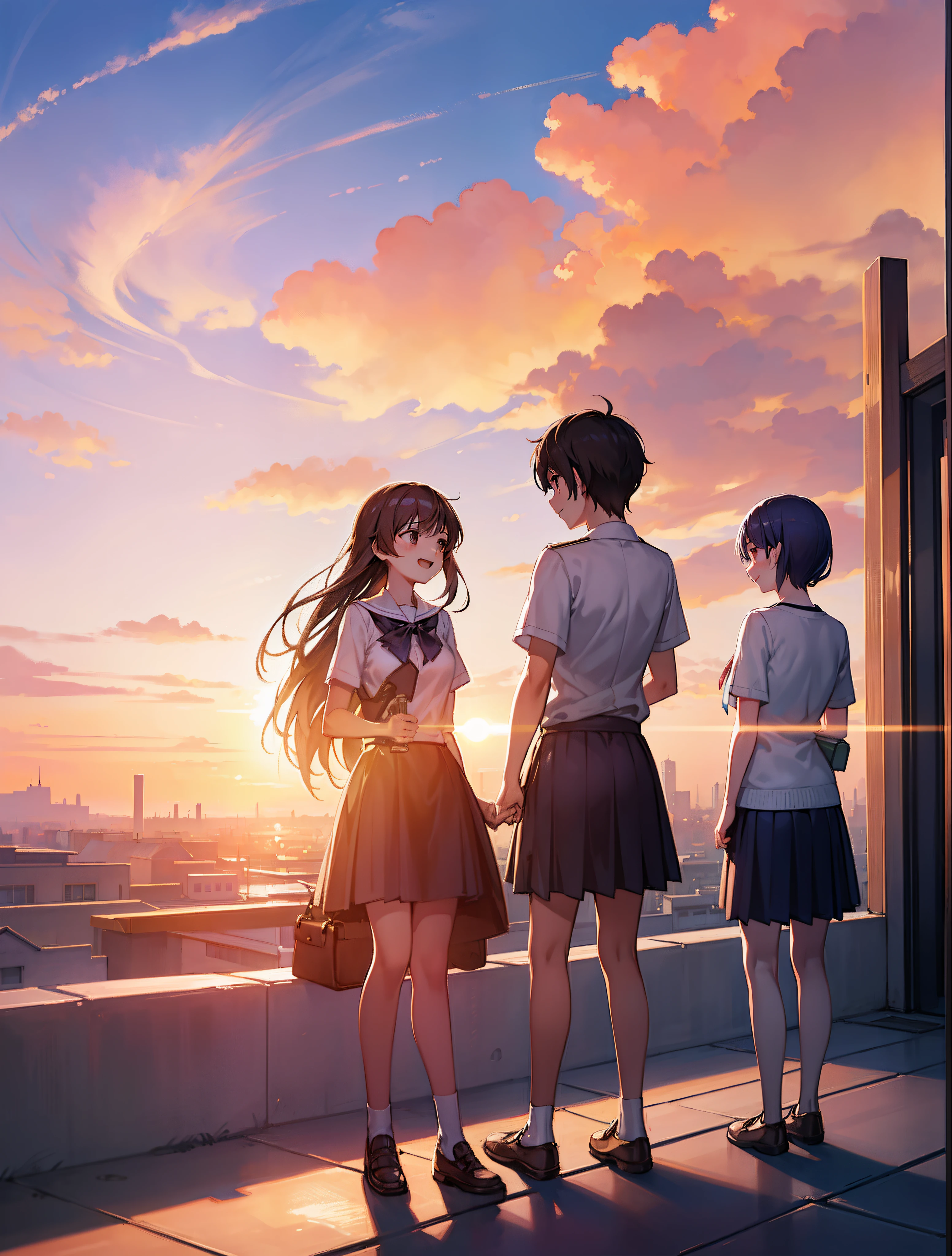 Create exquisite illustrations reminiscent of Makoto Shinkai's style, It has ultra-fine details and top-notch quality.　Create captivating illustrations that encapsulate the captivating essence of nostalgia, Featuring a group of students on the roof of a school, Everyone smiles as they gaze at the mesmerizing sunset. The sun hangs low in the sky, Warm golden glow、Light up the scene with a dreamy atmosphere. Sunset dyes the sky a breathtaking orange, Pink, and purples, Create vibrant color panoramas that blend seamlessly in. The happy expressions of the students were:::、Reflects the awe and amazement when sharing this wonderful moment. Pay close attention to detail, Sunlight dancing on the face、Emphasize the interplay of light and shadow、Enhances the texture of the surroundings. Your job is、Not only captures the serene beauty of the scene、It is about creating images that stimulate the imagination, Invite viewers、Have a meditative and magical experience with these students. Through your artistic mastery, Turn your rooftop into a canvas of nostalgia and wonder, Where shared views of the sunset foster a deep connection with friendship and fleeting beauty of the moment.