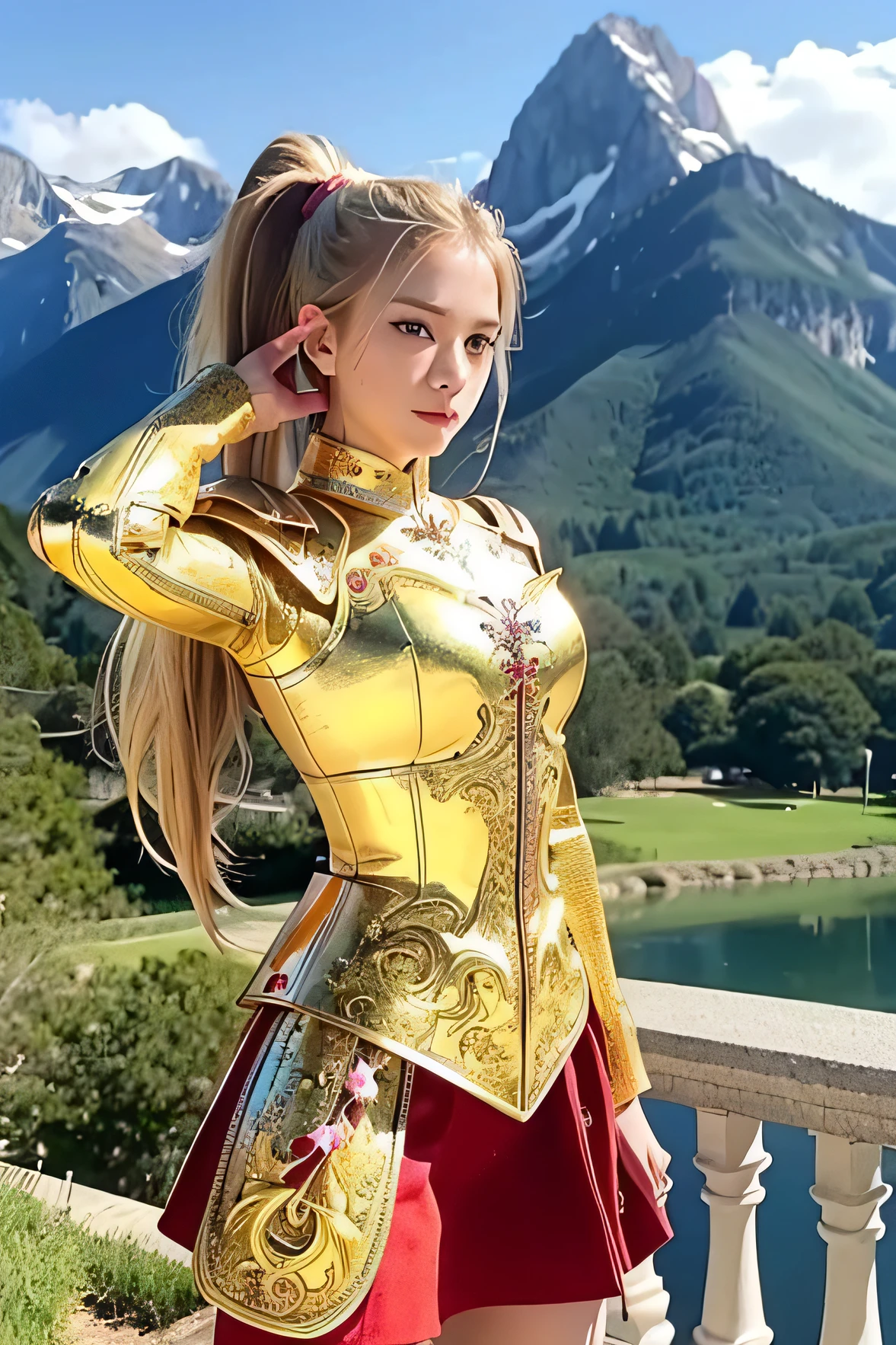 jisoo look-a-like, (8K, best quality:1.2), (masterpiece:1.37), (photo, photorealistic:1.37), (ultrahigh-res), half body, walking pose, shot from front, slow motion, female paladin in ornate armour, (gold and red armour:1.2),(ornately decorated armor), (insanely detailed, bloom:1.5), (highest quality, concept art, 4k), (analog:1.2), (high sharpness), (detailed pupils:1.1), detailed face and eyes, Masterpiece, best quality, (highly detailed photo:1.1), (long blonde Hair, ponytail,ecstatic:1.1), (young woman:1.1), sharp, (perfect body:1.1), realistic, real shadow, 3d, (mountain background:1.2), elegant pose, 
photographed by Canan EOS R6, 135mm, 1/1250s, f/2.8, ISO 400