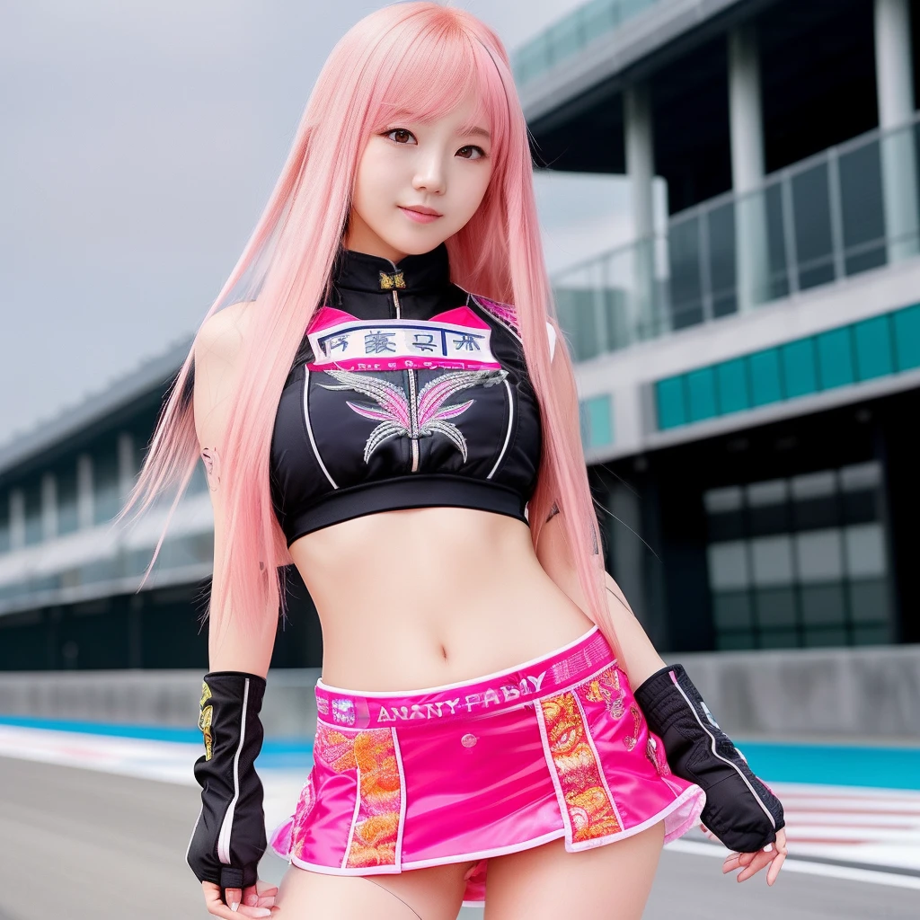 Top quality, 超高分辨率, (Photorealistic: 1.4), (Pink Long Hair: 1.3), (azur lane\), One girl, (Kpop idol), watch audience, Detailed face, contrappost, Smooth skin, Ideal for anatomical professional lighting, futuristic fashion, Street attire, high-tech fabrics, Racing Wear, fireproof material, elbow and knee pads, Racing gloves, Personalized embroidery, Sports car background, pits, Miniskirt, Belly button,Large breasts， Pink hair, Suzuka circuit, Start the grid