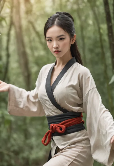 1 young girl, Kungfu, Green bamboo forest, Surrounded by rain, Illustration style, Motion blur, Open dress, Breasts, cleavage, Long exposure to the whole body, Exquisite facial features, Chinese ink style, Martial arts style, selective focus, in a panorami...