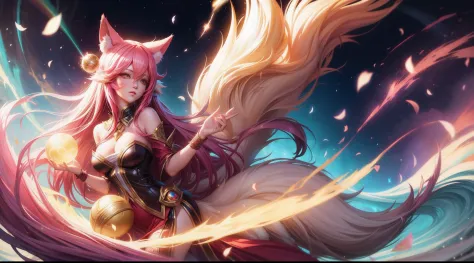 realistic Ahri from league of legends, fox-eared nine-tailed fox girl holding a ball of light, wallpaper splash art