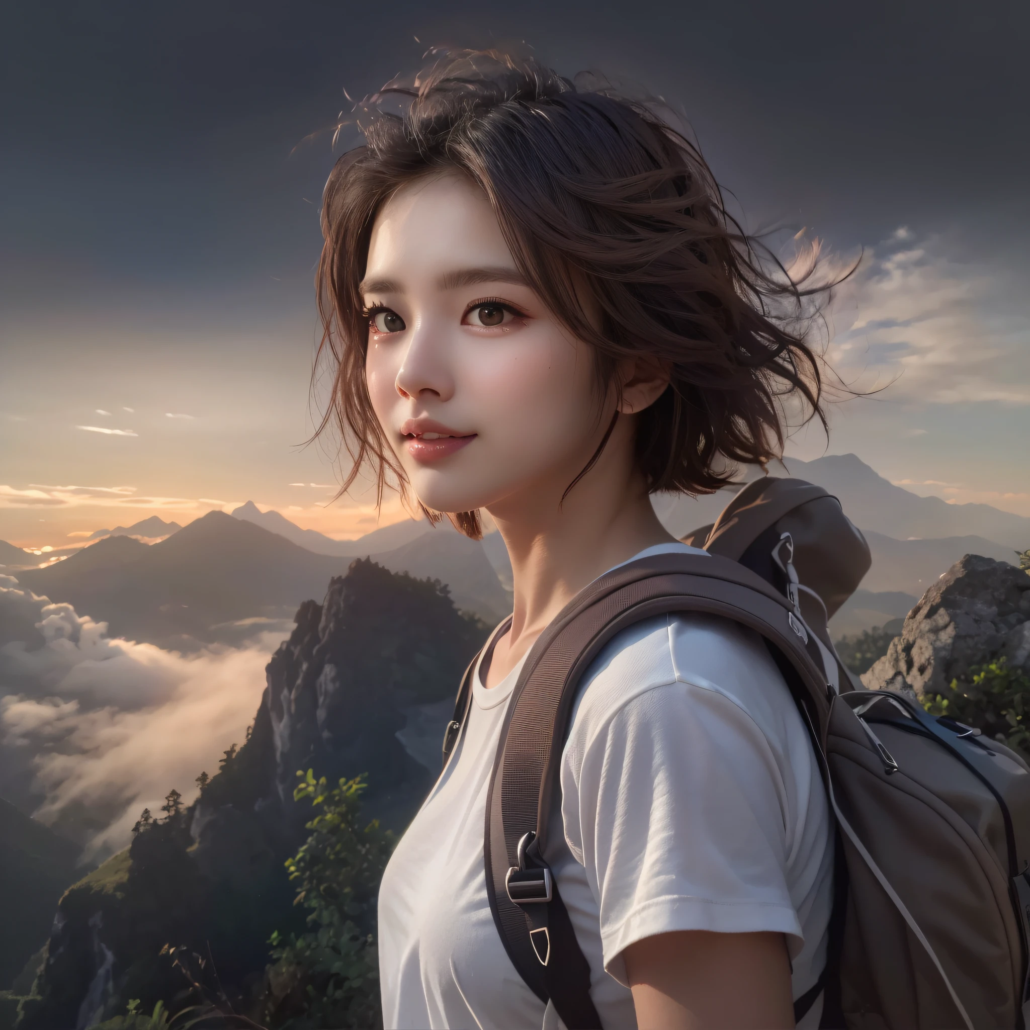 (Naturescape photography), best quality:1.3, masterpiece:1.3, ultra high res:1.3, photorealistic:1.3, RAW photo:1.3,  (Magnificent mountain, sea of clouds), (On a very high mountain peak), (sunset), 
(1girl), (upper body), (25 years old), (smile:0.9), (shiny skin), (short hair, dark brown hair), 
(white t-shirts, Trekking shorts), (Carrying a large backpack), 
(ultra detailed face), (ultra Beautiful fece), (ultra detailed eyes), (ultra detailed nose), (ultra detailed mouth), (ultra detailed arms), (ultra detailed body), pan focus