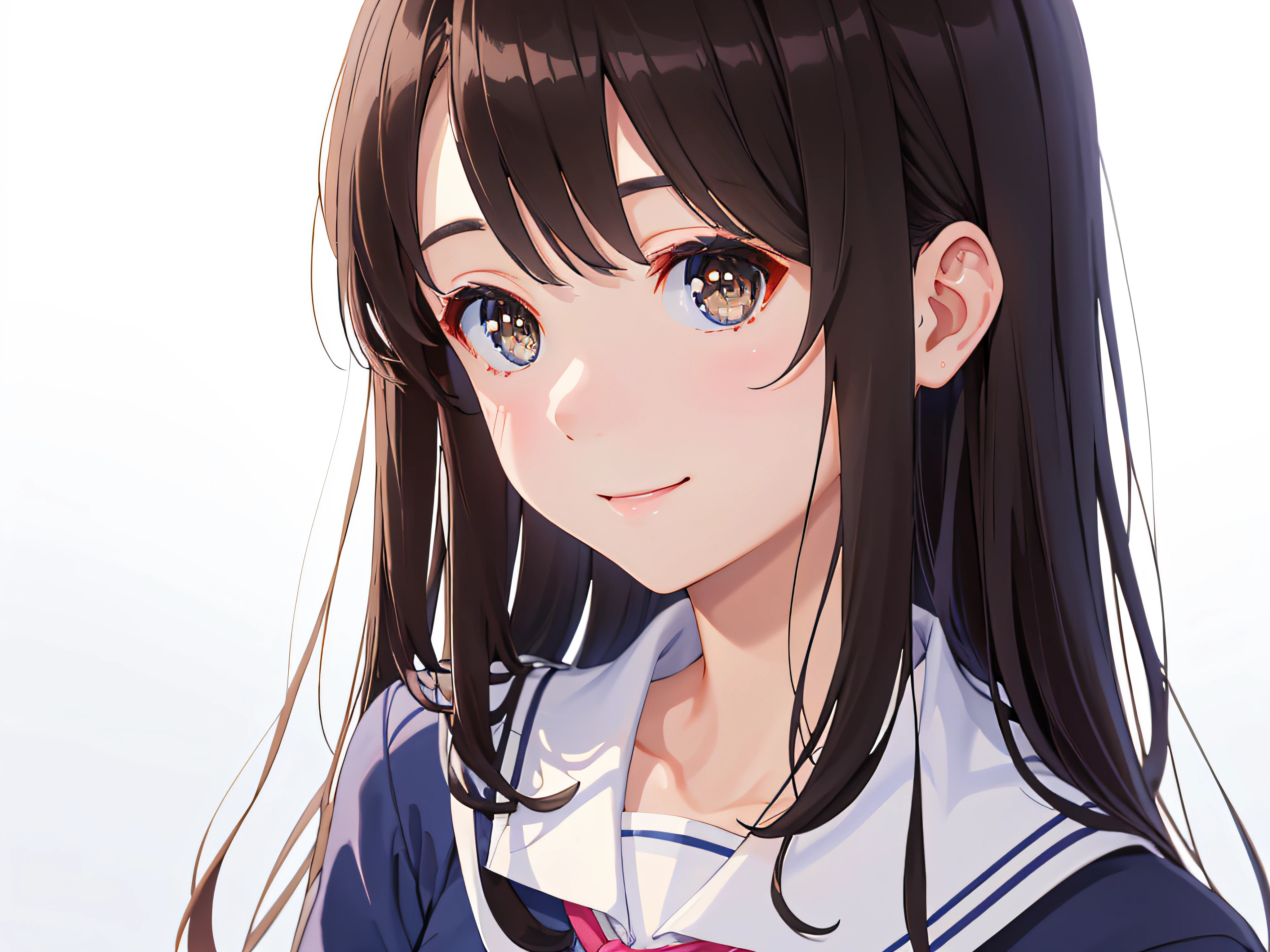 12-year-old woman、i&#39;m、profile、Close-up portrait、brown haired、background whites、White background、beautidful eyes、real looking skin、A detailed eye、、(8k、​masterpiece)、(reallistic、Photorealsitic)、top-quality、realisitic、ighly detailed、The ultra-detailed、Beautie、cute little、solo、A Japanese Lady、a smile、、cardigan、