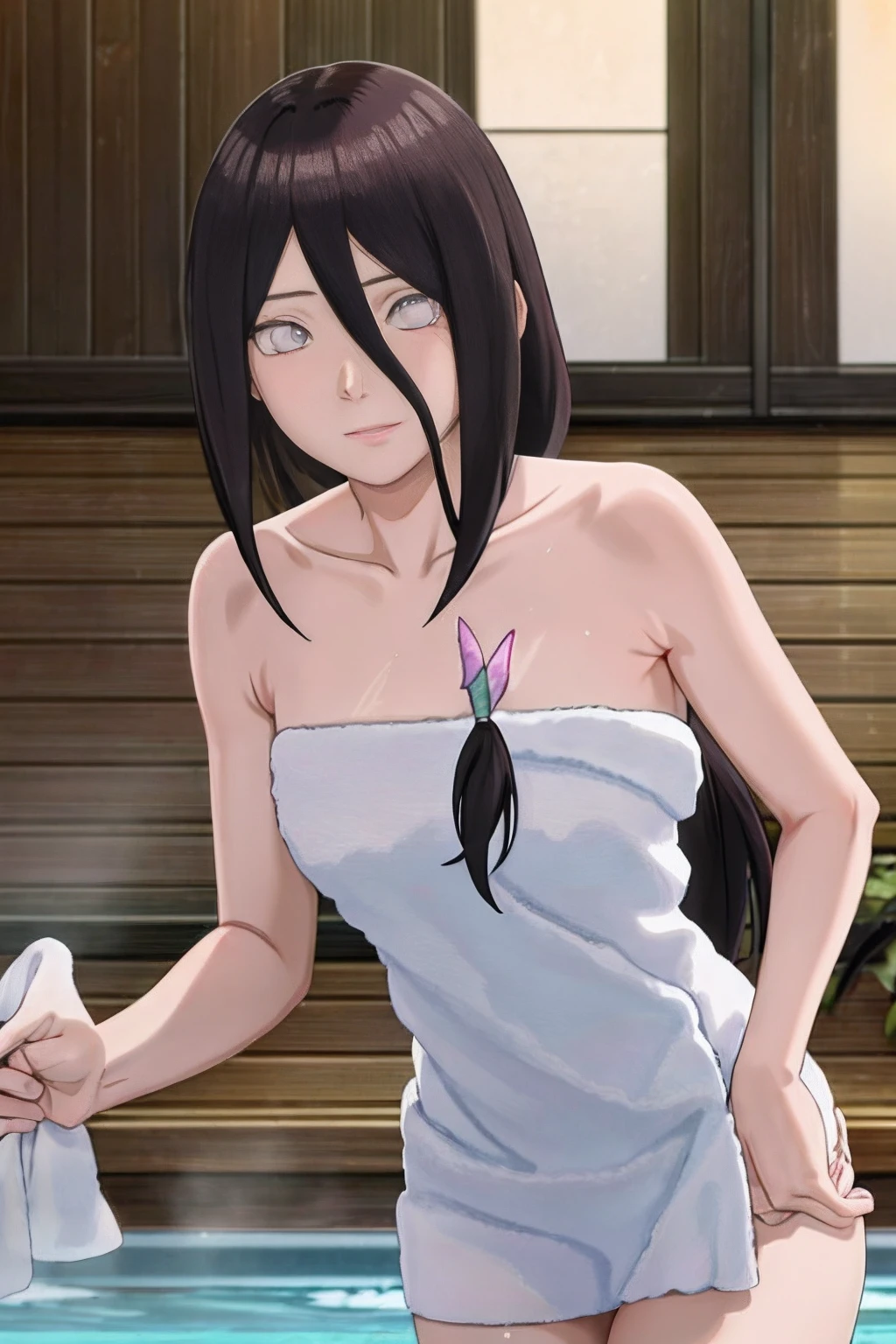 Anime girl in a towel by a pool with a towel - SeaArt AI