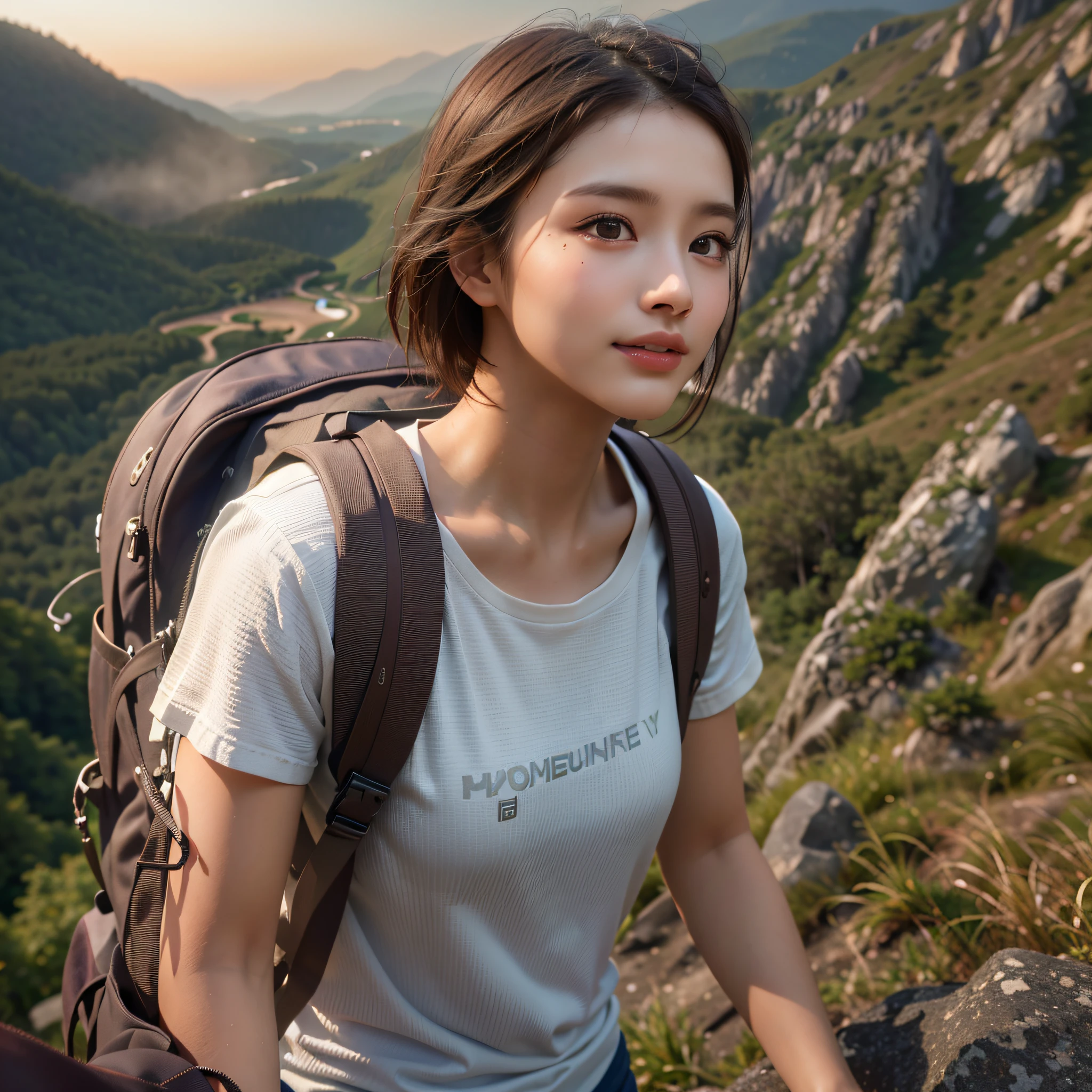 (Naturescape photography), best quality:1.3, masterpiece:1.3, ultra high res:1.3, photorealistic:1.3, RAW photo:1.3,  (Magnificent mountain, sea of clouds), (On a very high mountain peak), (sunset), 
(1girl), (upper body), (25 years old), (smile:0.9), (shiny skin), (short hair, dark brown hair), 
(white t-shirts, Trekking shorts), (Carrying a large backpack), 
(ultra detailed face), (ultra Beautiful fece), (ultra detailed eyes), (ultra detailed nose), (ultra detailed mouth), (ultra detailed arms), (ultra detailed body), pan focus