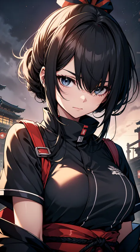 top-quality、Top image quality、​masterpiece、Mecha Girl((18year old、Black short-sleeved ninja uniform,Best Bust、Bust 100、A dark-haired、poneyTail、Breasts wide open,You can see a large valley、Black eye、Strong eye power、Go to Viewer、Black Hachimaki、holding a ka...