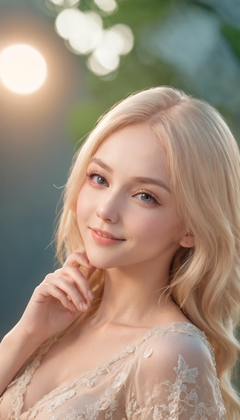 ((One lady))、fully body photo、(((Fully grown Russian girls, Dress less, Gorgeous light blonde hair, Cute humble smile))), (((evening lighting))), (((sexly, seductive angles))), ((( A highly detailed, Perfect eyes, lifelike))) , sima, Palms, blue open sky, (( vector art )) , 32k --no ((NSFW, Cute))