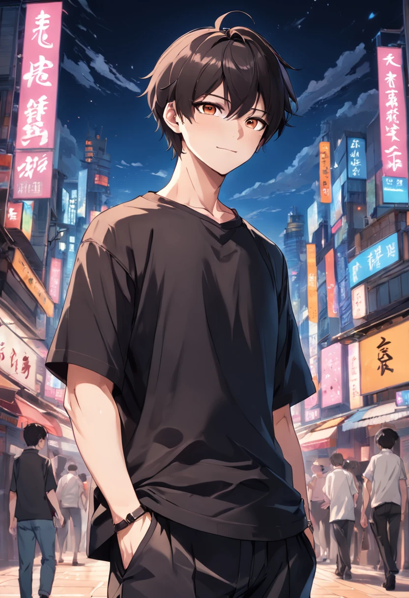 The male，being thin，Short hair, middle parted bangs,  grin, Light smile, The male, Peach blossom eyes, ，Youth, Solid black T-shirt, Black-brown hairstyle, Black brown eyes, being thin, Beach pants, Wear the watch on your hand,Boy high detail, High quality，background skyscrapers，natta，full of lights，Male Figures