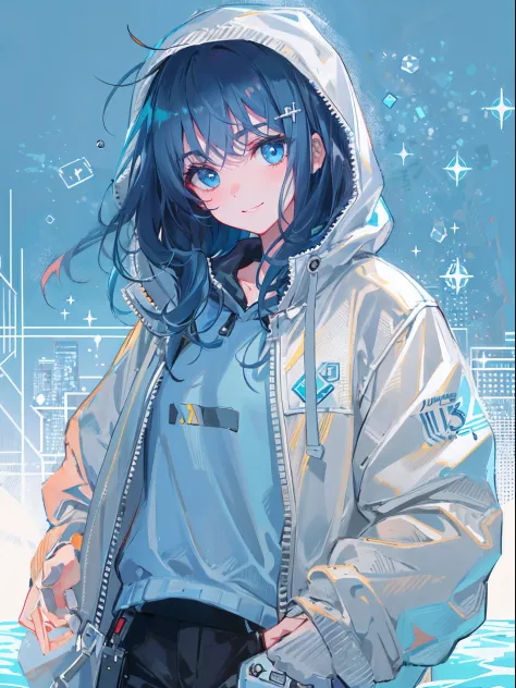 ((top quality)), ((masterpiece)), ((super detail)), (very delicate and beautiful), girl, solo, cold demeanor, ((black jacket)), she looks very (relaxed) and (calm), black hair, depth of field, evil smile, stirrups, underwater, air bubble, light blue eyes, ...