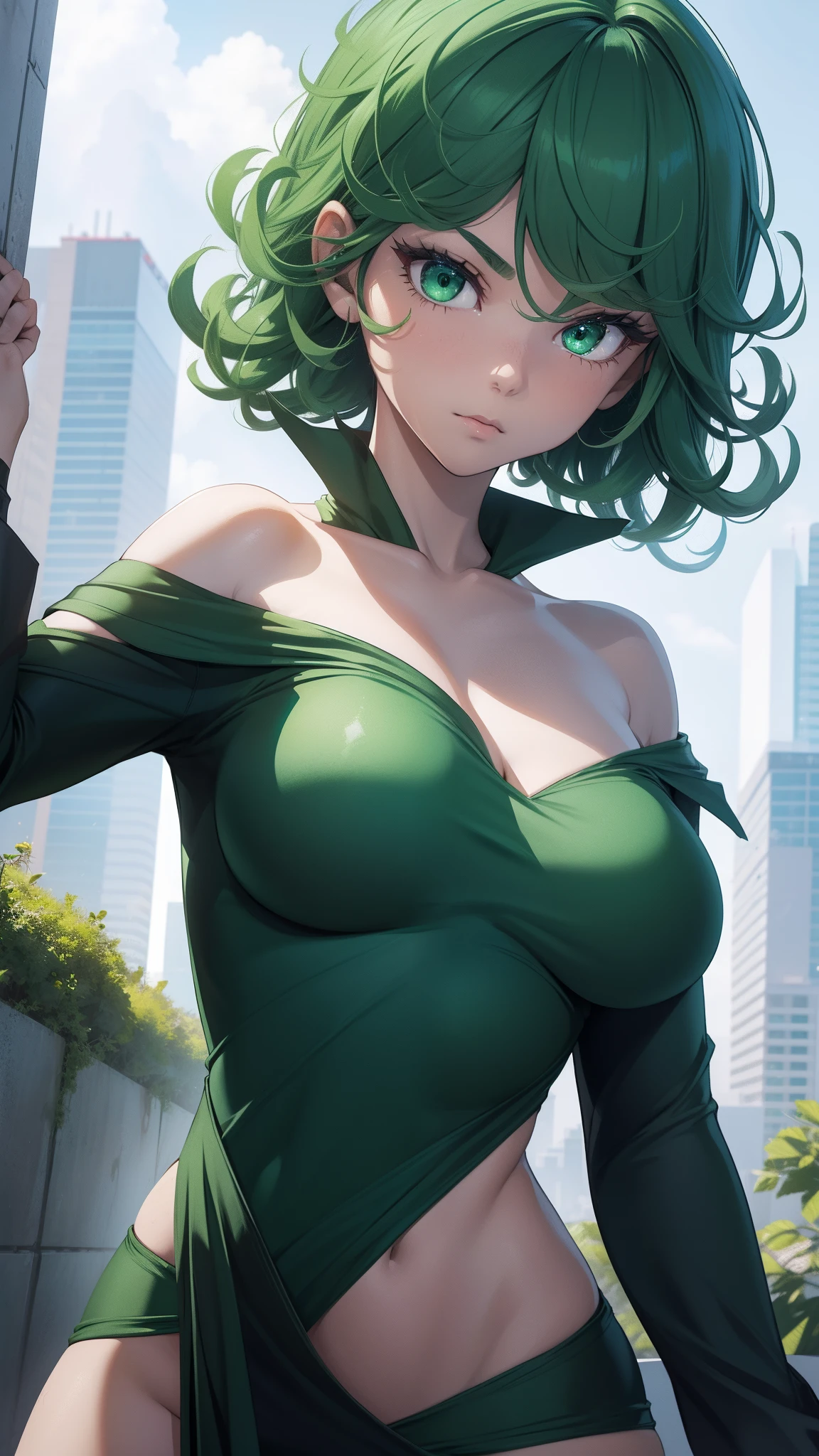 （best qualtiy，8K，32K，tmasterpiece，hyper HD：1.3），Green hair，1个Giant Breast Girl，perfect bodies，Super detailed face，Bust photo，Very small breasts，Black hair，Green clothes，upperbody closeup，Off-the-shoulder attire