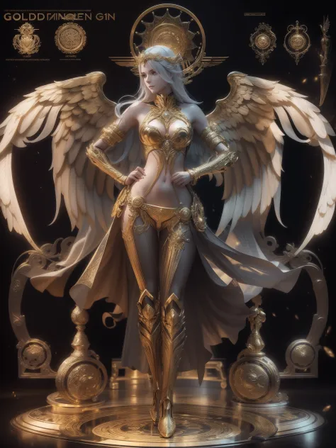 ：Mechanical style，golden theme，（1 mechanical female angel，anatomy correct，full bodyesbian，Golden wings，standing on your feet，circular base），Black and white background，（3Drenderingof，best qualtiy，the detail，tmasterpiece，Social art，Cinematic lighting effects...