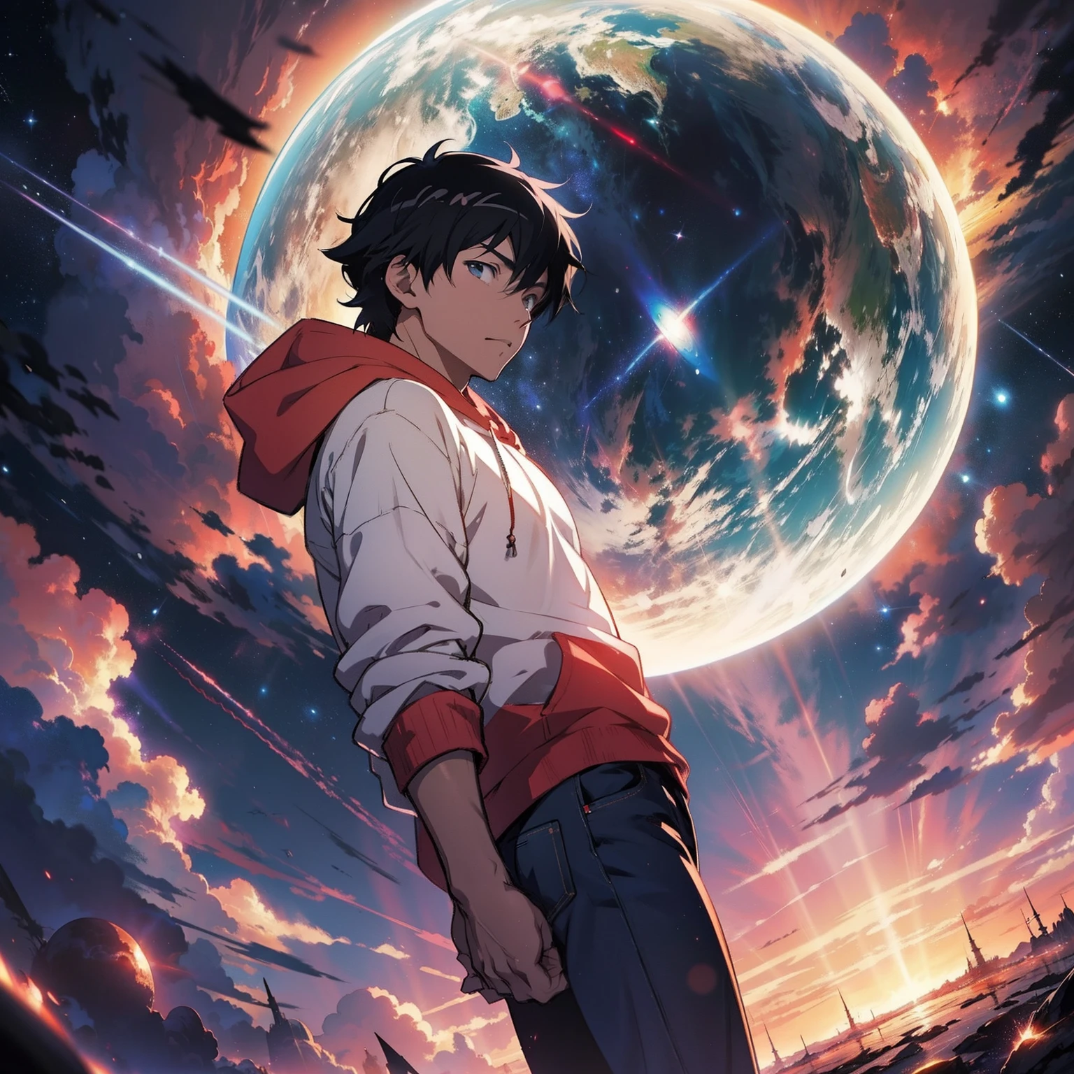 anime - style scene of a beautiful sky with a star and a planet, cosmic skies. by makoto shinkai, anime art wallpaper 4k, anime art wallpaper 4 k, anime art wallpaper 8 k, anime wallpaper 4k, anime wallpaper 4 k, 4k anime wallpaper, anime sky, amazing wallpaper, anime background, heaven planet in background, anime background art, standing young man, black hair, red Hoodie,white shirt, black jeans, blu sky.