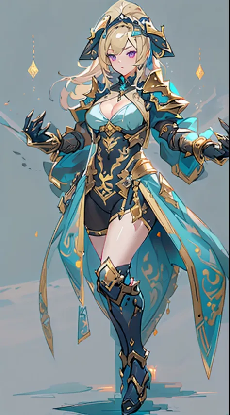 Design a layout showcase Gaming character, ((1girl)), assasin:1.4, Golden+Purple clothes, (big_boobs, big_ass), Black_Desert_style, stylish and unique, ((showcase weapon:1.4)), magic staff, (masterpiece:1.2), (best quality), 4k, ultra-detailed, (Step by st...