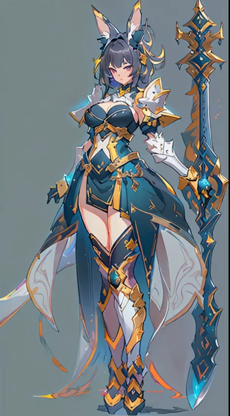 Design a layout showcase Gaming character, ((1girl)), assasin:1.4, Golden+Purple clothes, (big_boobs, big_ass), Black_Desert_style, stylish and unique, ((showcase weapon:1.4)), magic staff, (masterpiece:1.2), (best quality), 4k, ultra-detailed, (Step by st...