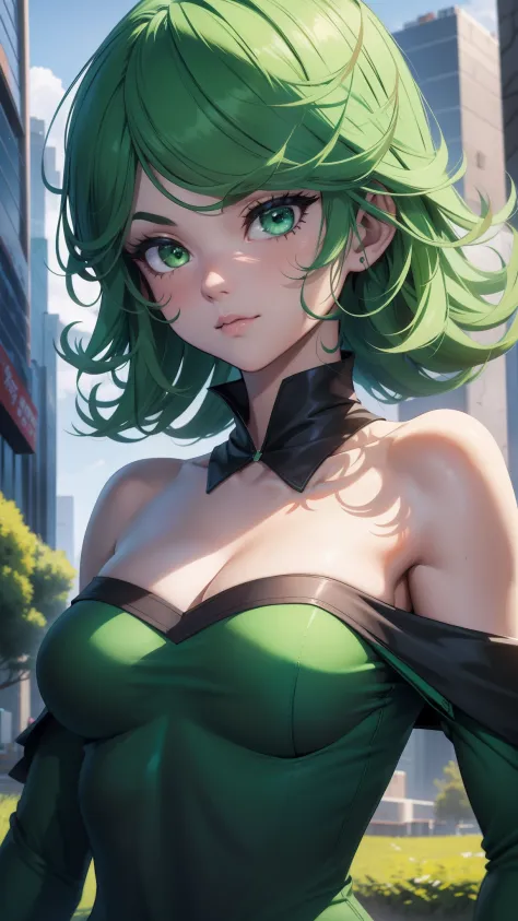 （best qualtiy，8K，32K，tmasterpiece，hyper HD：1.3），Green hair，1个Giant Breast Girl，perfect bodies，Super detailed face，Bust photo，Ver...