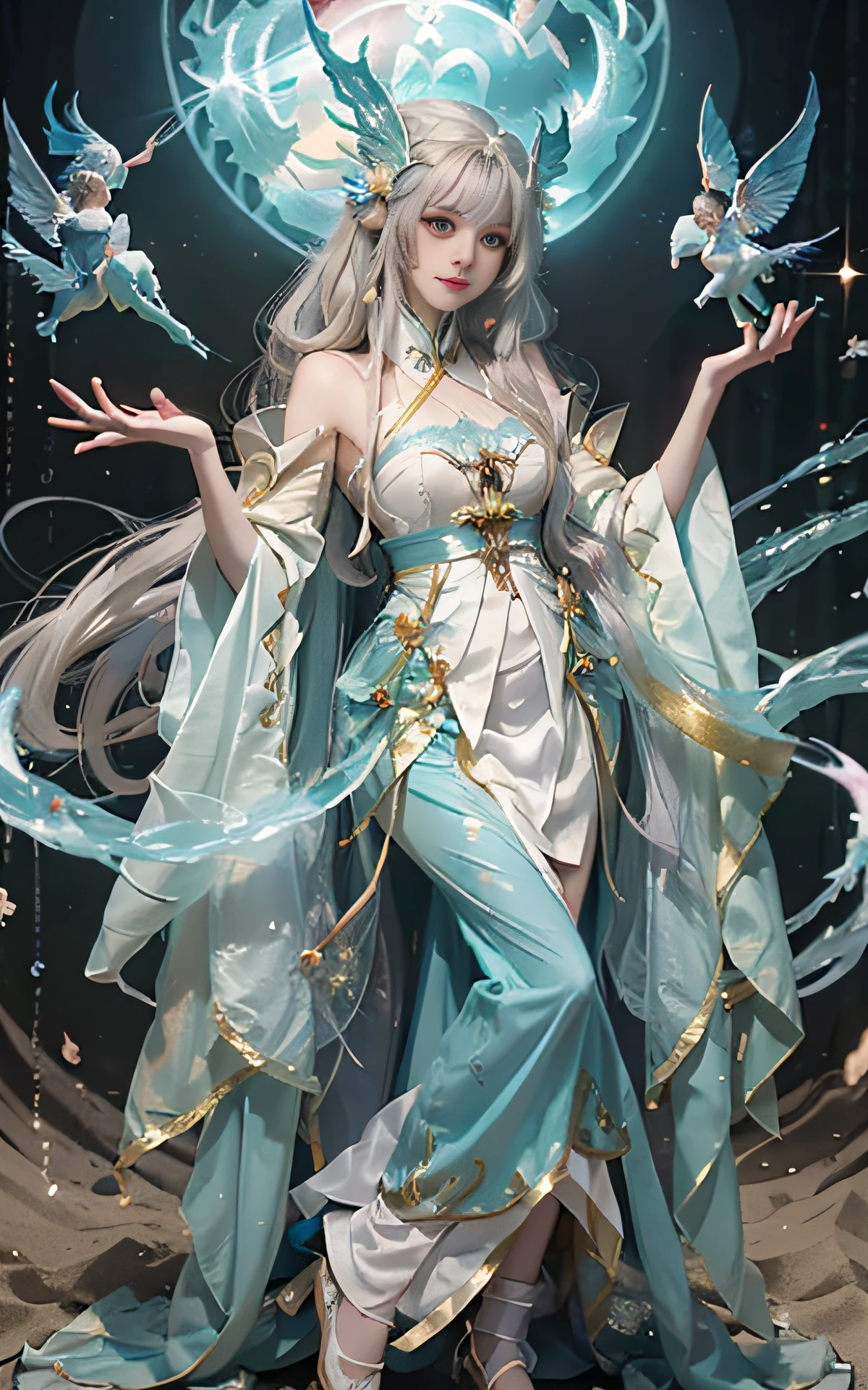 Close-up of women in costumes on stage, full body fairy, beautiful celestial mage, stunning young ethereal characters, beautiful fantasy queen, astral witch costume, sand stream, flowing magic robe, white Hanfu, fairy fantasy, beauty Delfin, ethereal fantasy, elegant and charming cosplay, Hirase Jinyao, charming and colorful, very coquettish