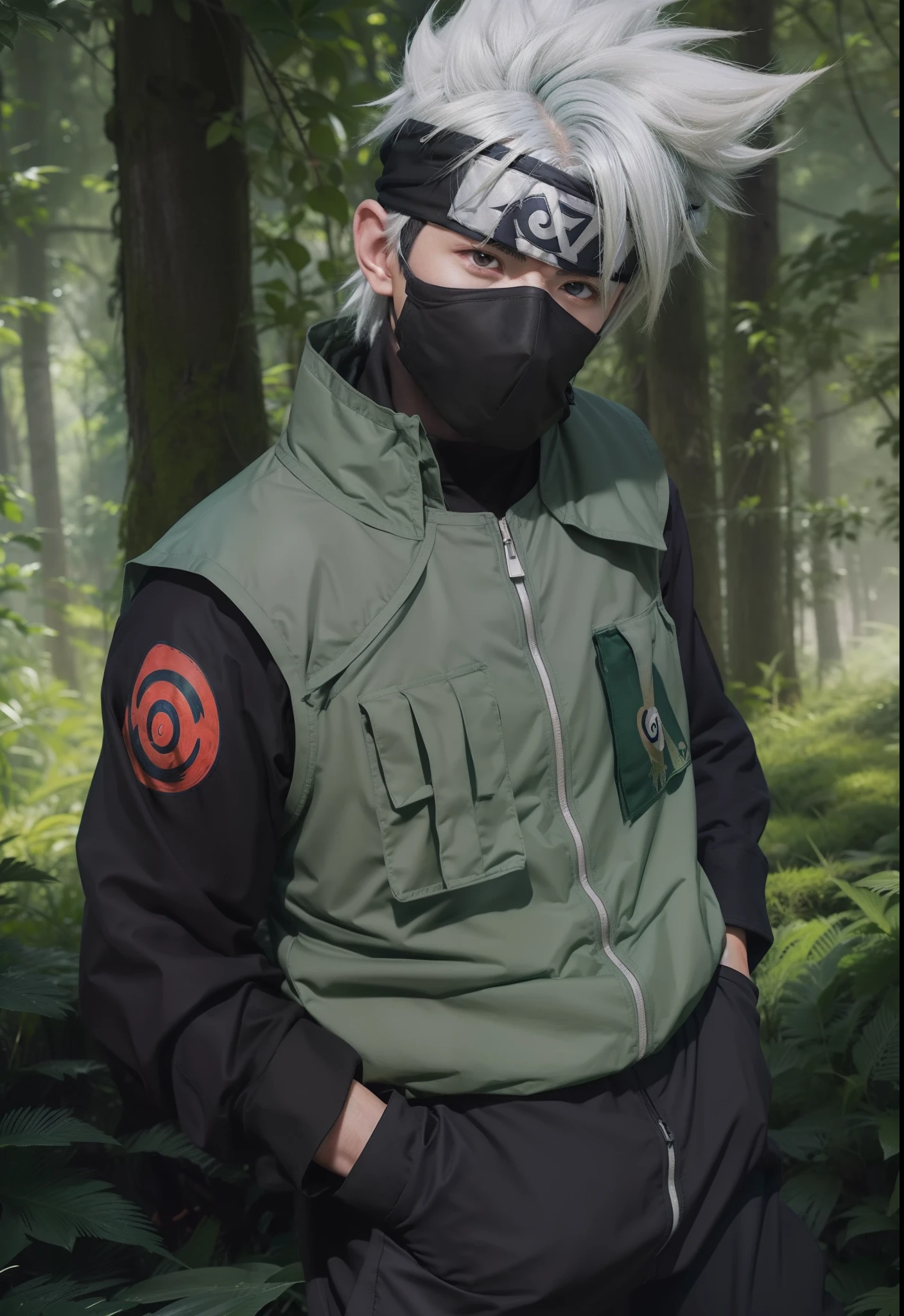Real life adaption of this character,his name is kakashi from anime Naruto,1boy,wearing Thick vest dark green color with long Sleeve,wear mask,wear ((headband Konoha)),((same logo uzumaki on his hand)),realistic white hair,realistic light,realistic shadow,realistic background in jungle with many Grass,realism,hyper realistic,(photorealistic:1.3)