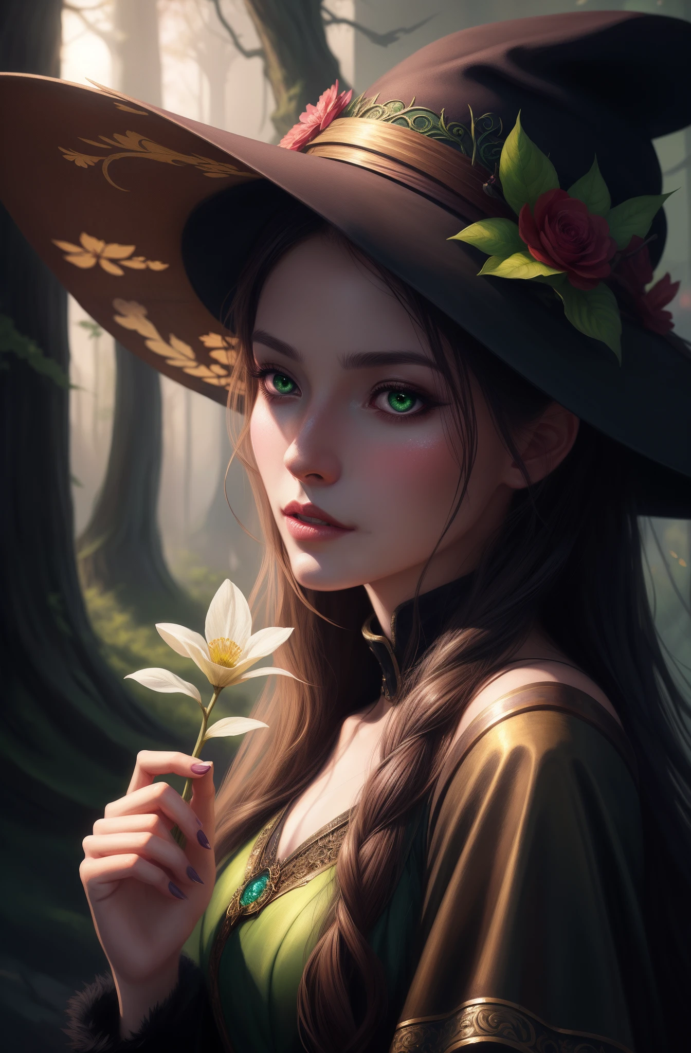 Close-up of a woman wearing a hat and with a flower, Holding a flower, bright green eyes, artwork in the style of guweiz, beautiful character painting, beautiful digital artwork, fantasy art style, fantasy concept art portrait, fantasy art portrait, digital fantasy art ), beautiful fantasy art portrait, guweiz, wlop and ross tran, beautiful digital illustration, fantasy portrait, realistic fantasy artwork