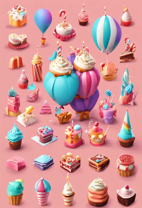 3d vector set of birthday icons in the style of atey ghailan, mixes realisitic and fantastical elements, candy core realistic and hyper-detailed renderings, low poly, soft muted color palette, watercolor  isolate on white