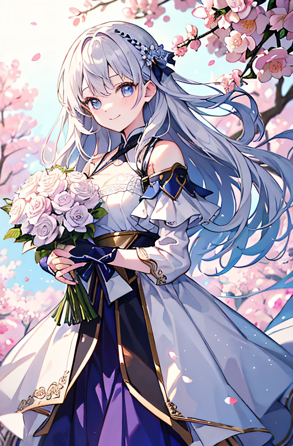 (tmasterpiece、top-quality、illustratio、Extremely high quality、high-level image quality、Extremely sensitive writing)Girl with long silver hair standing in beautiful flowery garden、A slight smile、She has a large bouquet、Cute national costume style dress，There are ruffles on the shoulders、Hair fluttering in the wind