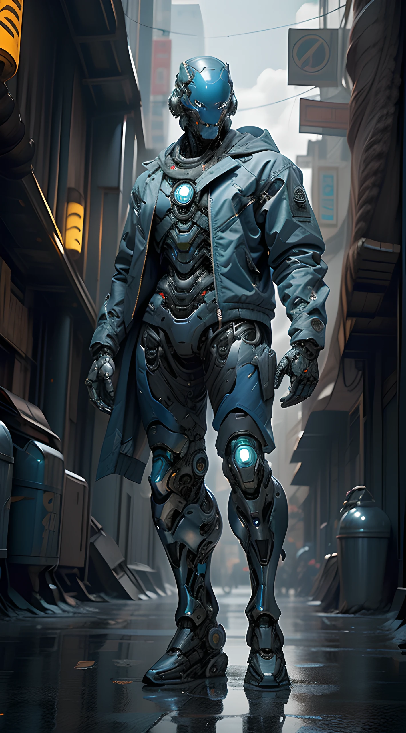 Ganzkörperflugzeug, ein futuristisch anmutendes ((blauer Chrom-Cyborg)) Mann mit einem fantastischen ((quadratischer Cyberhelmkopf mit blauen Lichtern)), Mechanische Füße, trägt ein Paar ((Eisengraue taktische Handschuhe)), gekleidet in einem ((blaue Techwear-Jacke)), standing in cyberpunk city, Gesichtsfokus UHD, Anatomisch korrekt, beste Qualität, Meisterwerk, reelmech