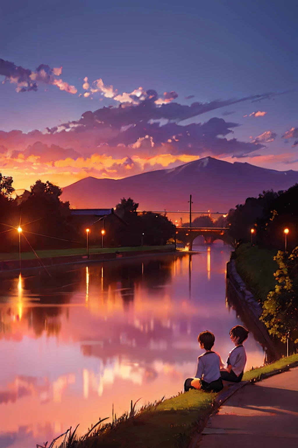 สร้างภาพประกอบที่สวยงามชวนให้นึกถึงสไตล์ของ Makoto Shinkai, มันมีรายละเอียดที่ละเอียดอ่อนและคุณภาพที่ยอดเยี่ยม. สร้างภาพประกอบที่น่าดึงดูดซึ่งสรุปแก่นแท้ของความคิดถึงและแฟนตาซี, โดยมีกลุ่มนักเรียนชายในชุดนักเรียนนอนเอนกายอยู่บนตลิ่ง. พวกเขาจ้องมองชมพระอาทิตย์ตกอันน่าหลงใหลในระยะไกล, ขณะที่ใต้คันดินมีแม่น้ำอันเงียบสงบไหลผ่าน. พระอาทิตย์ห้อยต่ำอยู่บนท้องฟ้า, เปล่งแสงสีทองอันอบอุ่นที่เนรมิตฉากด้วยบรรยากาศราวกับความฝัน. พระอาทิตย์อัสดงแต่งแต้มท้องฟ้าด้วยสีส้มอันน่าทึ่ง, สีชมพู, และสีม่วง, สร้างภาพพาโนรามาของสีสันที่สดใสที่ผสมผสานกันอย่างลงตัว. นักเรียน, แต่งกายด้วยชุดนักเรียนของพวกเขา, นอนอยู่บนเขื่อน, การแสดงออกของพวกเขาผสมผสานระหว่างความพึงพอใจและความสงสัยในขณะที่พวกเขาแบ่งปันช่วงเวลาที่น่าหลงใหลนี้. ให้ความใส่ใจอย่างพิถีพิถันในรายละเอียด, ปล่อยให้แสงแดดส่องใบหน้า และแสงและเงาที่เข้ามากระทบกันเพื่อเน้นให้สภาพแวดล้อมรอบตัวดูโดดเด่น. โดยมีแม่น้ำอันเงียบสงบไหลอยู่เบื้องล่าง, งานของคุณคือการสร้างภาพที่ไม่เพียงแต่เก็บภาพความงดงามอันเงียบสงบของฉากเท่านั้น แต่ยังจุดประกายจินตนาการของผู้ชมด้วย, เชิญชวนให้พวกเขาเข้าร่วมกับนักเรียนเหล่านี้ในประสบการณ์การใคร่ครวญและมหัศจรรย์. ผ่านความเชี่ยวชาญทางศิลปะของคุณ, เปลี่ยนแนวเขื่อนให้กลายเป็นเวทีแห่งการหวนคิดถึงและความอัศจรรย์ใจ, ที่ซึ่งการร่วมกันชมพระอาทิตย์ตกดินอันห่างไกลทำให้เกิดความรู้สึกถึงความสนิทสนมกันและความสัมพันธ์อันลึกซึ้งกับความงดงามชั่วขณะหนึ่ง.