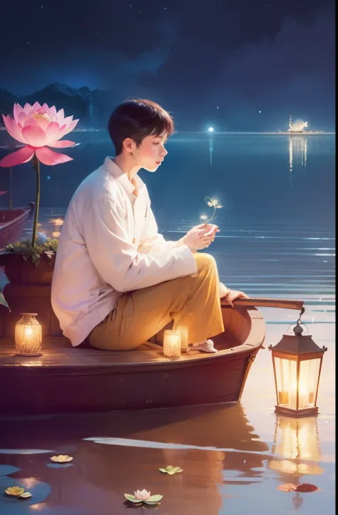 There was a boy sitting on a boat in the water, dreamlike illustration, sitting on a lotus flower, illustratio, illustrated in whimsical style, Fine quality illustrations, very peaceful mood, By Ni Duan, float under moon light at night, illustratio, floati...