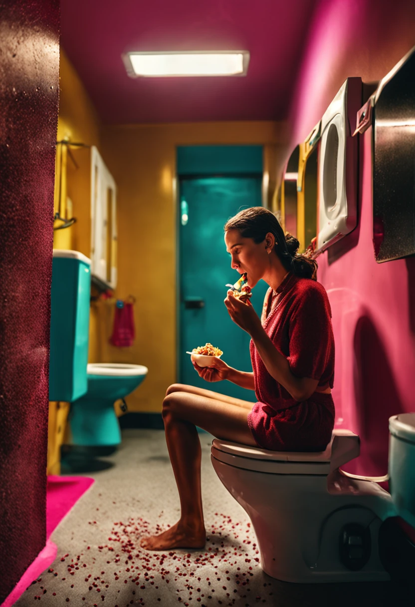 Mulher sentada em um banheiro comendo um pedaço de comida no banheiro -  SeaArt AI