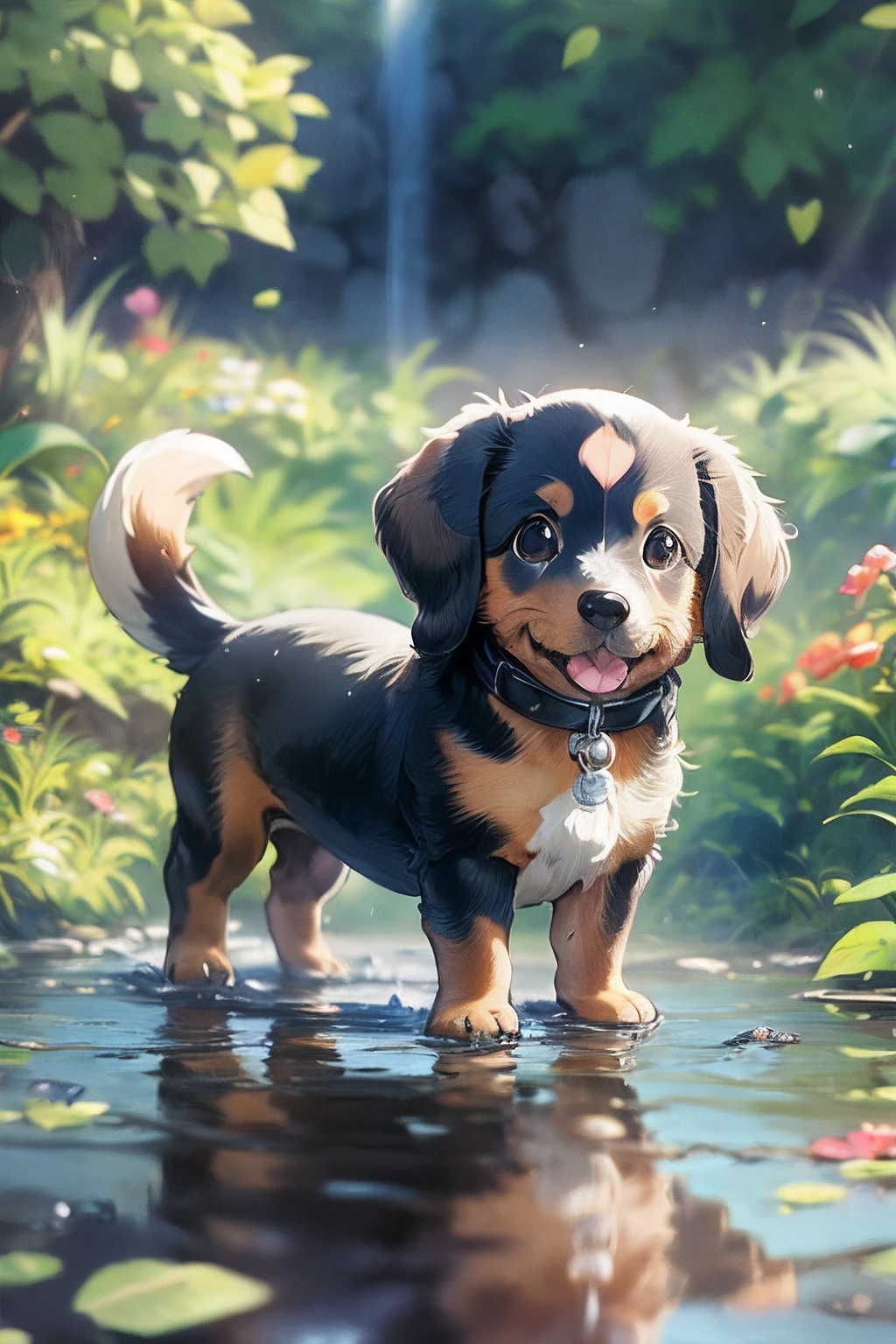 1 filhote de cachorro Dachshund, bonitinho, ao ar livre, raios de deus,  kawaii, Fatia de vida, Estúdio Ghibli, (mesa:1.2), (melhor qualidade:1.2), Incrível, Altamente detalhado, lindo, detalhes finos, profundidade de campos, os papéis de parede extremamente detalhados do CG Unity 8K,