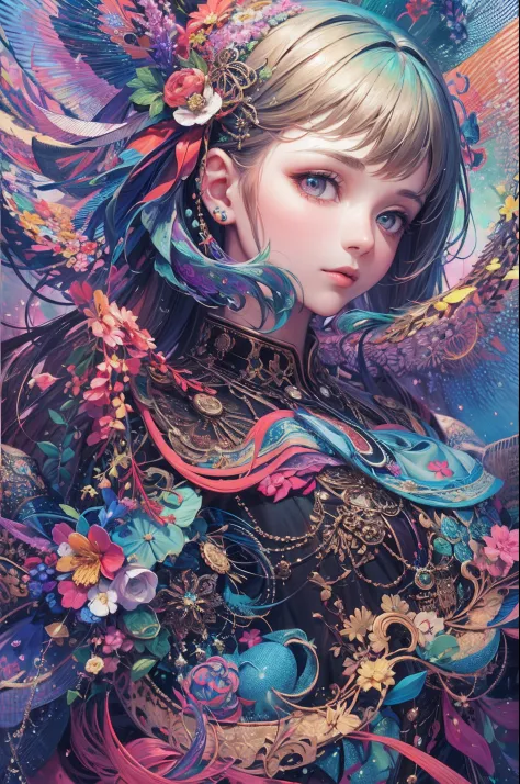 tmasterpiece，top Quority，best qualtiy，offcial art，（Beauty and aesthetics：1.2），1girll，Extremely detailed，（s fractal art：1.3），extremely colorful，Most detailed，bust，Overlooking，A picture that combines virtual and real，dynamic viewing angle。