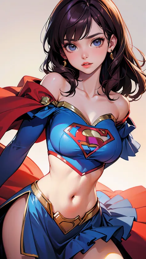 1gril，Woman body set big breasts，Supergirl costume dress，Cut clothes，Close-up，Off-the-shoulder attire，Charming，perfect bodies，th...