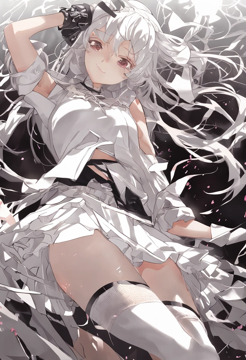 Anime girl with long white hair and black stockings laying on the ground -  SeaArt AI