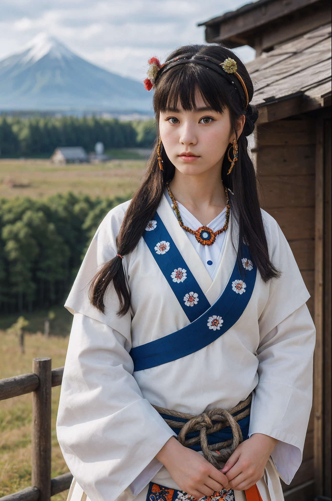 韓国の伝統衣装を着た女性が柵の前に立っている - SeaArt AI
