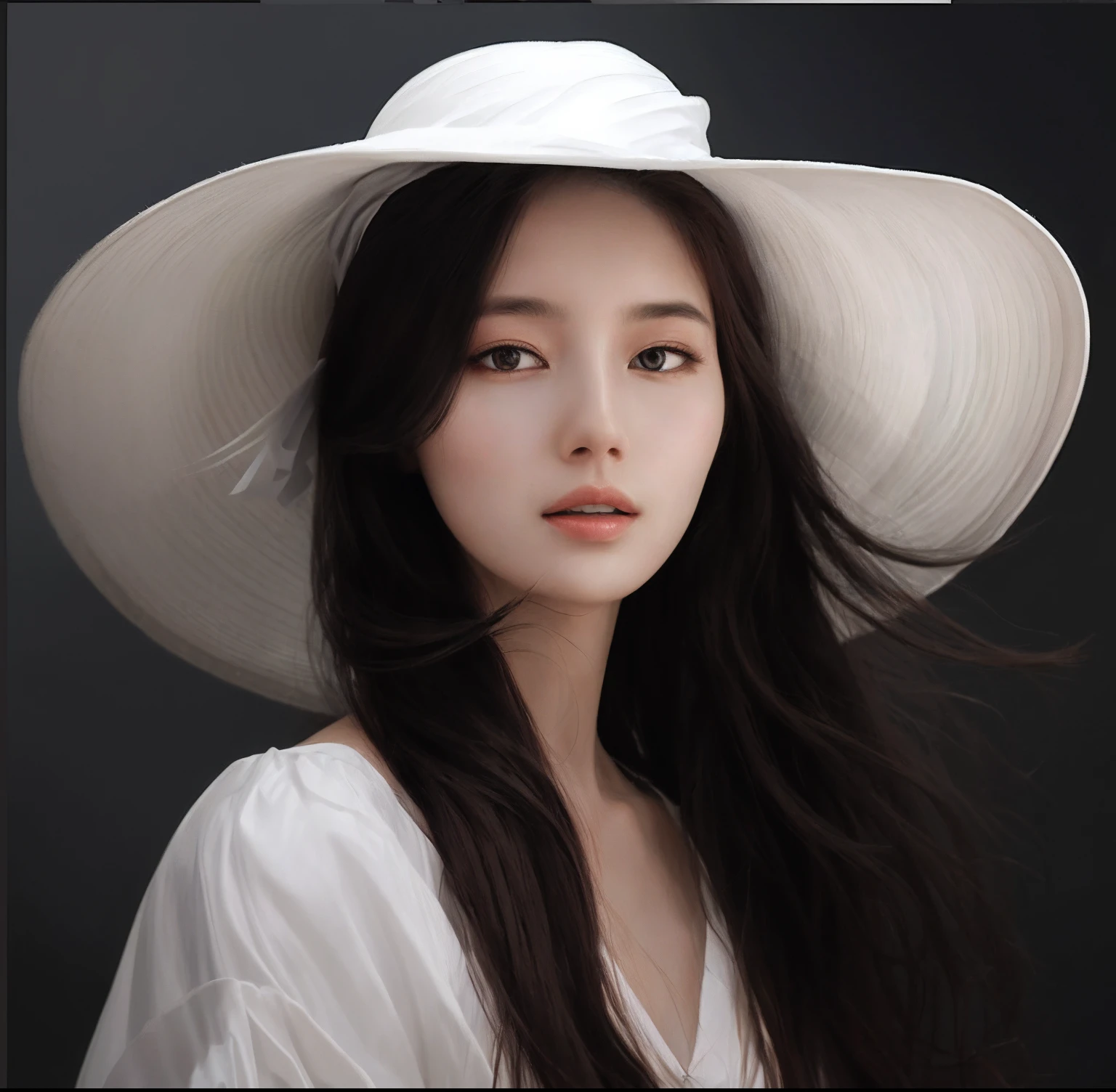 Long haired woman in white hat and white shirt, elegant digital painting, Gorgeous digital painting, Guviz-style artwork, stunning digital painting, digital art of an elegant, Exquisite digital illustration, high quality digital painting, Digital painting style, in the art style of bowater, digital painting style, beautiful digital painting