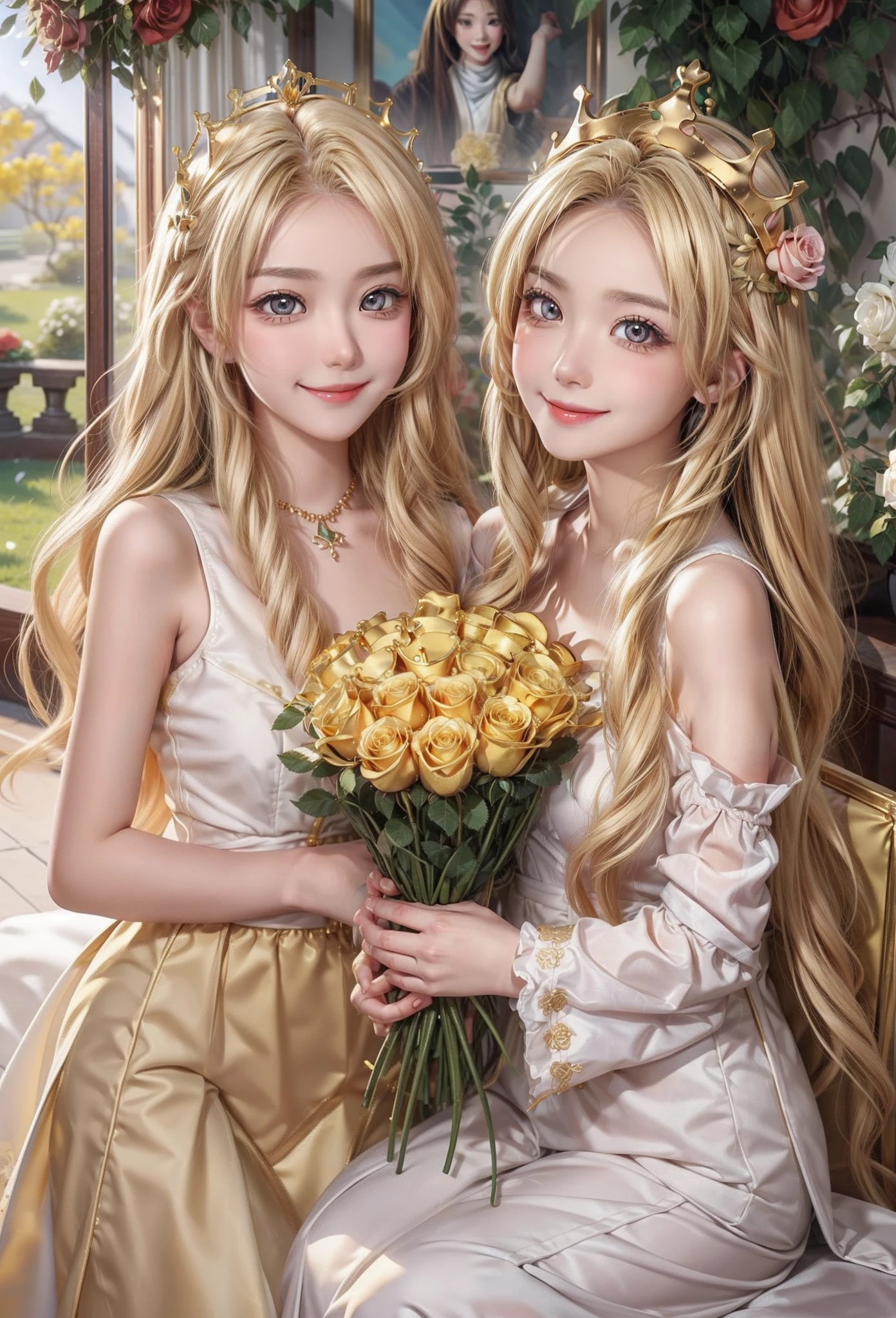 Apenas o sorriso de duas lindas garotas、duo,olhos dourados、cabelos dourados、cheio de rosas、coroas、