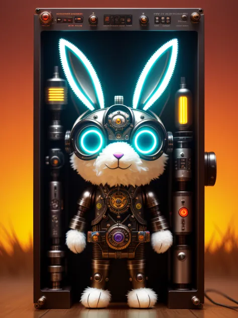Creepy fluffy rabbit made of metal、cyborgs、cyber punk style、clockwork、((intricate-detail))、HDR、big eye、((intricate-detail、ultra-detailliert))、Vacuum tube or electron tube、Cinematic shots、vignettes、bokeh effect beckground、grass field、suns