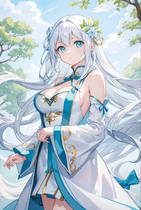 Masterpiece-level CG artwork，The painting style is fresh and soft。The theme is a beautiful girl with fairy air，Cyan eyes with smooth and fair skin，The trimmed white coat patted in the wind，Long white hair dangling，The gesture of looking up at the sky is ex...