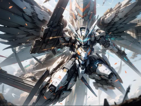 mechs,flying though the air,Holding a gun,​​clouds,Eyes glow,Wearing machine wings,Equipped with a shield