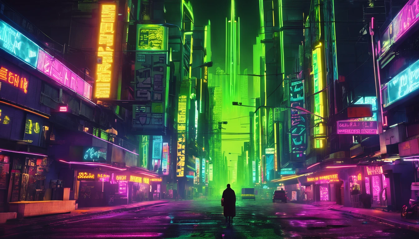 The city of blade runner movie of the 80s with neon posters with yellowish and green colors accompan