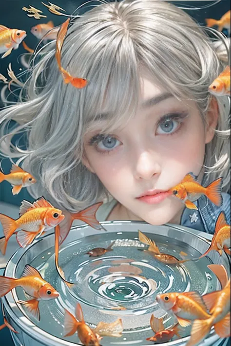 beautiful girl playing with bowls of water or fish, kids, having a good  time, Fish, swirling schools of silver fish - SeaArt AI