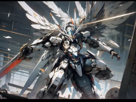 mechs,flying though the air,Equipped with a sword,​​clouds,Eyes glow,Wearing machine wings,Equipped with a shield,