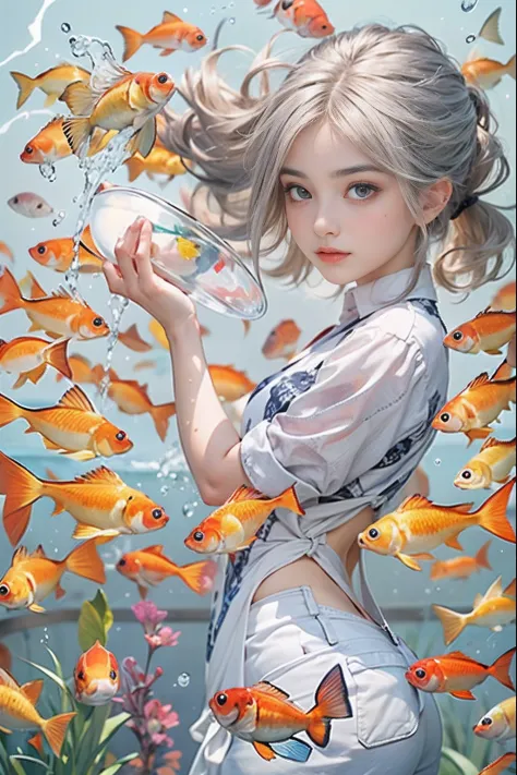 Beautiful girl playing with a bowl of water or fish, Gamine, is playing happily, Fish, swirling schools of silver fish, floating...