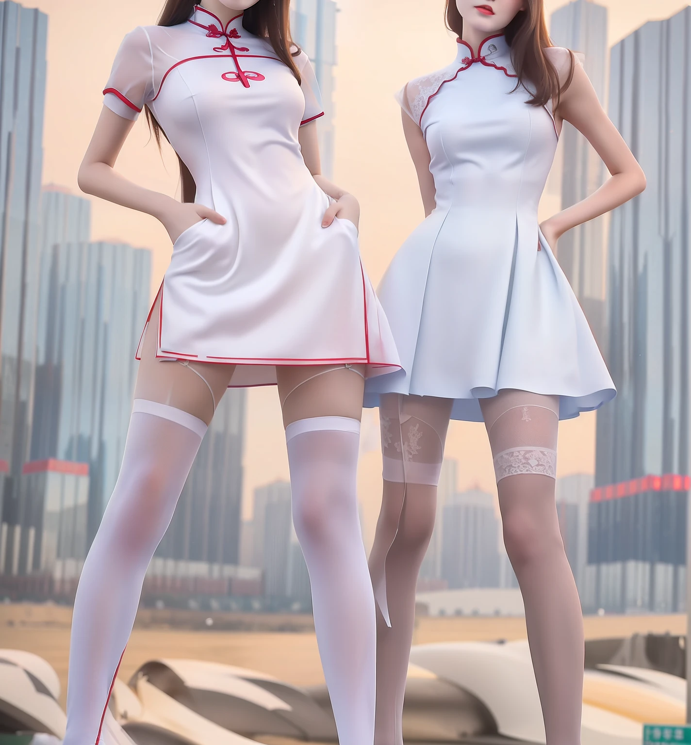 Two women in white dresses and stockings posing for a picture - SeaArt AI