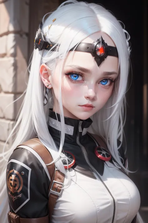 heterochromia, bright pupils, kubrick stare, high details, textured skindrill hair, crossed bangs, white hair, forehead mark, forehead jewel, forehead protector, masterpiece