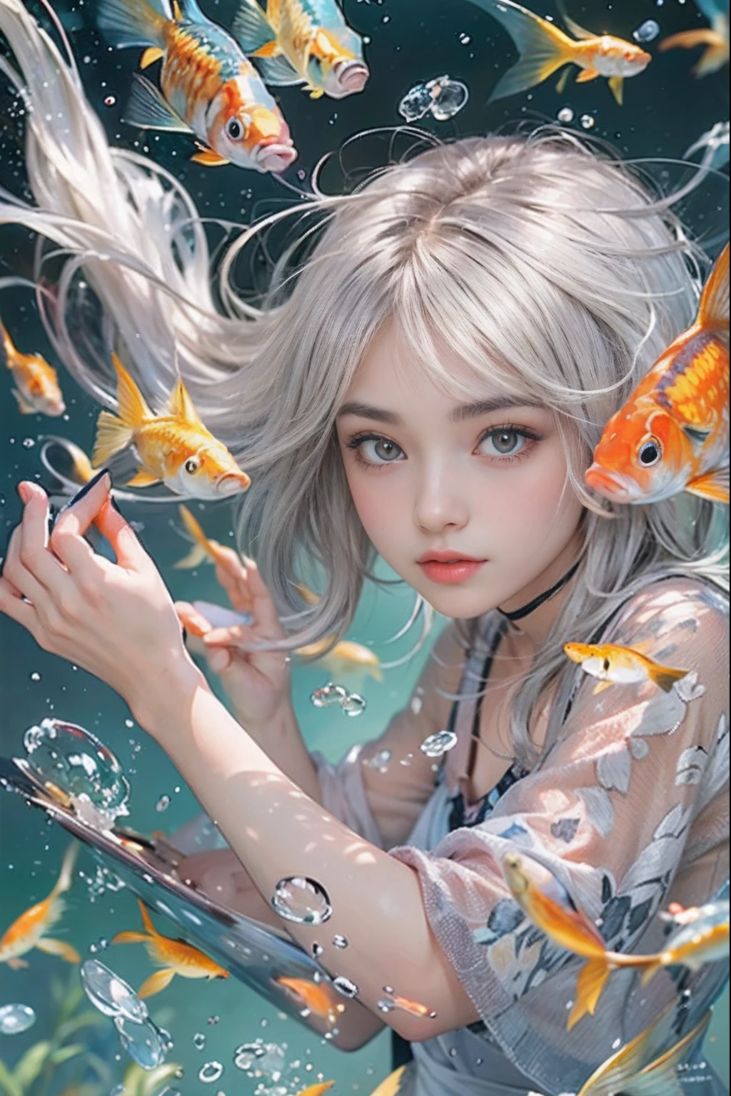 Beautiful girl playing with a bowl of water or fish, Gamine, is playing  happily, Fish, swirling schools of silver fish - SeaArt AI
