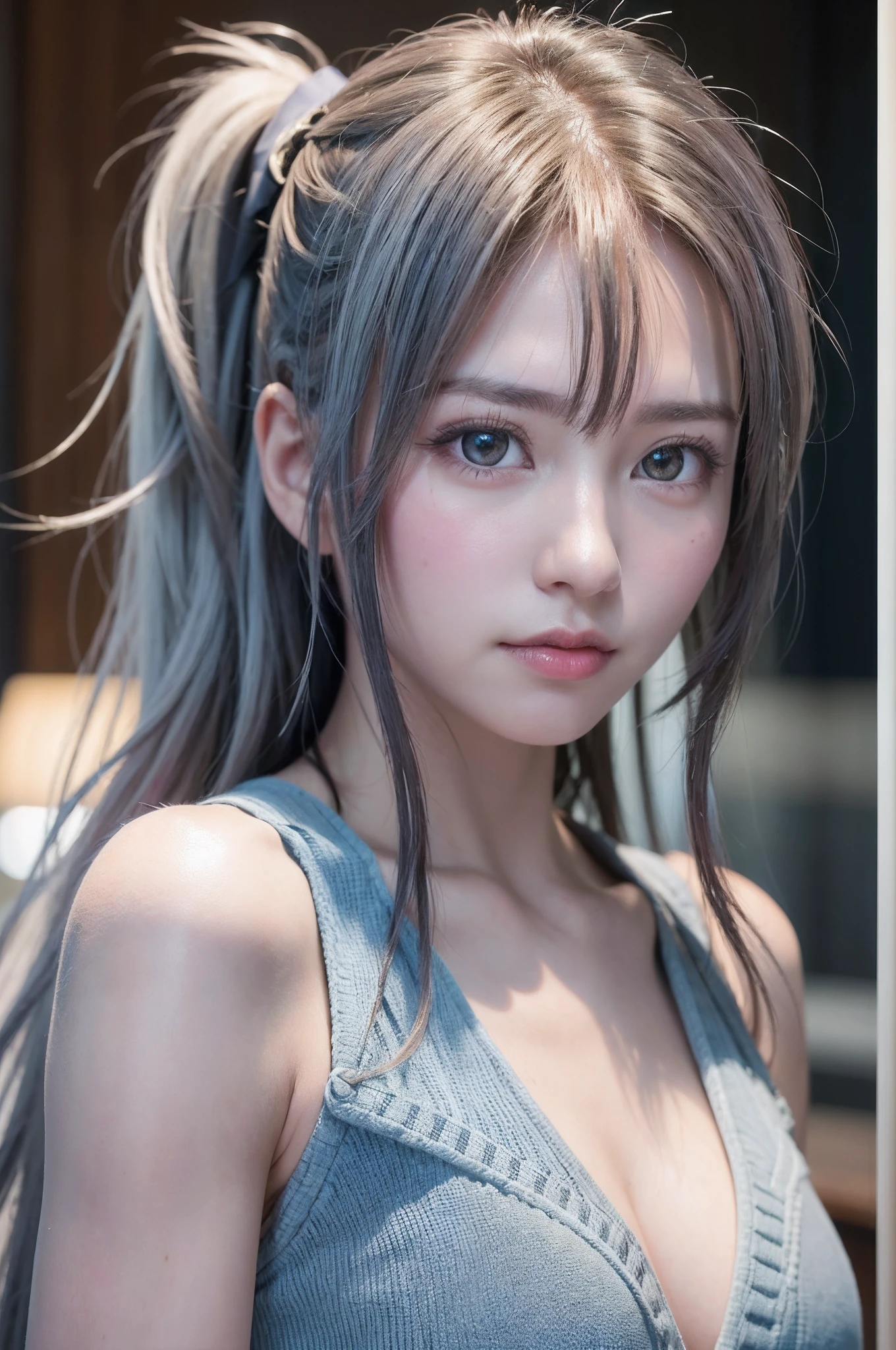 top-quality、8K Masterpiece、超A high resolution、(Photorealsitic:1.3)、Raw photo、女の子1人、silver white hair、poneyTail、glowy skin、1 super beautiful college girl、((super realistic details))、portlate、globalillumination、Shadow、octan render、8K、ultrasharp、highly intricate detail、Realistic light、CGSoation Trends、Beautiful eyes、radiant eyes、Facing the camera、