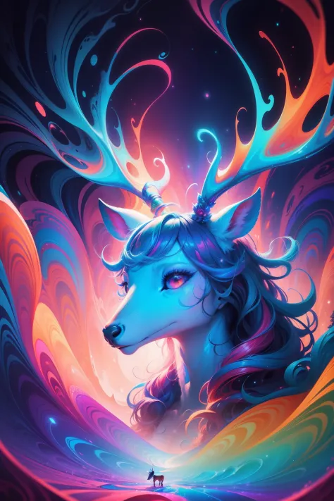 (psychedelic painting of a deer standing in front of a colorful swirl), ((multi-slit big antlers, stag, big head)), light and sh...