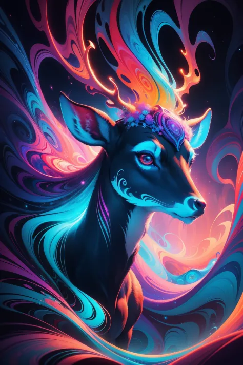 (Psychedelic painting of a deer standing in front of a colorful swirl), ((multi-slit big antlers, stag, big head)), light and sh...